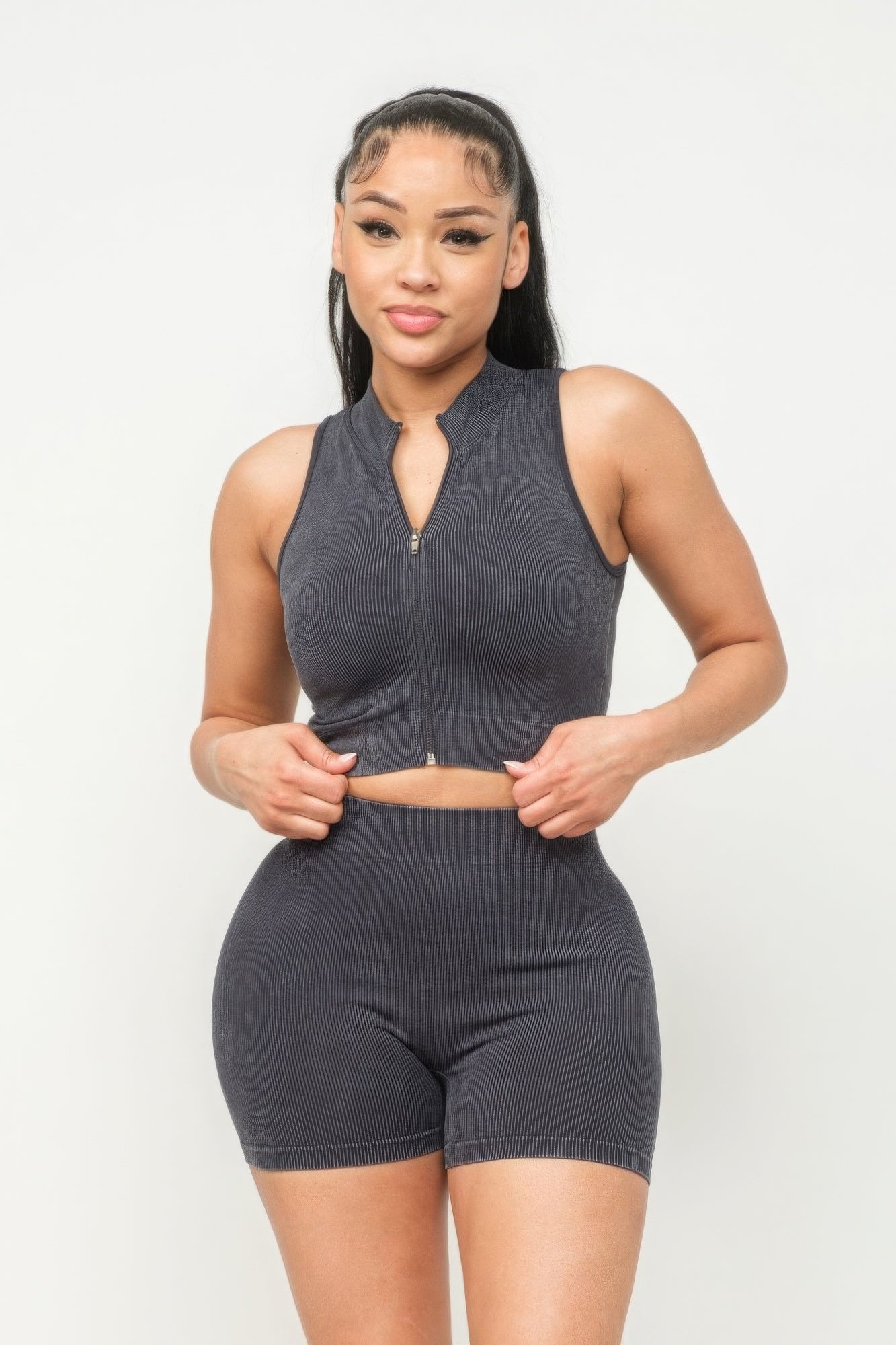 Washed Seamless Zipper Top And Shorts Set