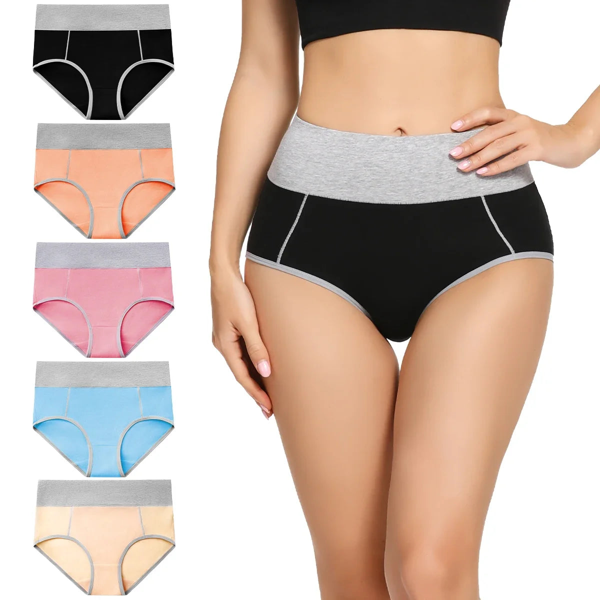 POKARLA 5pcs Women's Cotton Panties Soft Color Matching Underwear Ladies High Waisted Briefs for Girls/Mother  Sports Work Sleep